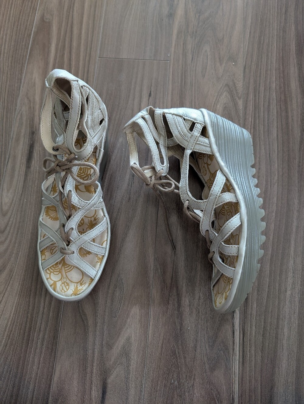 Fly London Silver Lace-Up Strappy Gladiator Wedge Sandals (Size 40)